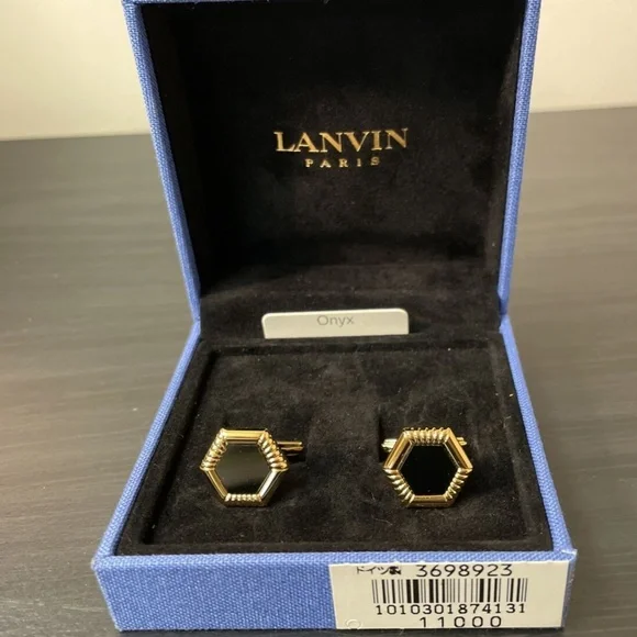 NEW Vintage Lanvin OnyxGold tone Hexagon Cufflinks